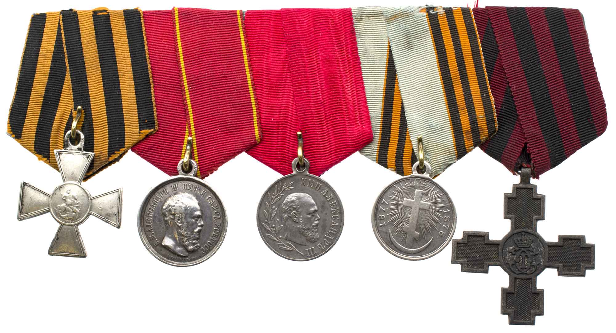 Наградная колодка на пять наград. Знак Отличия Военного Ордена 4 ст 55.039, 3 медали и румынский Крест "В память перехода через Дунай".