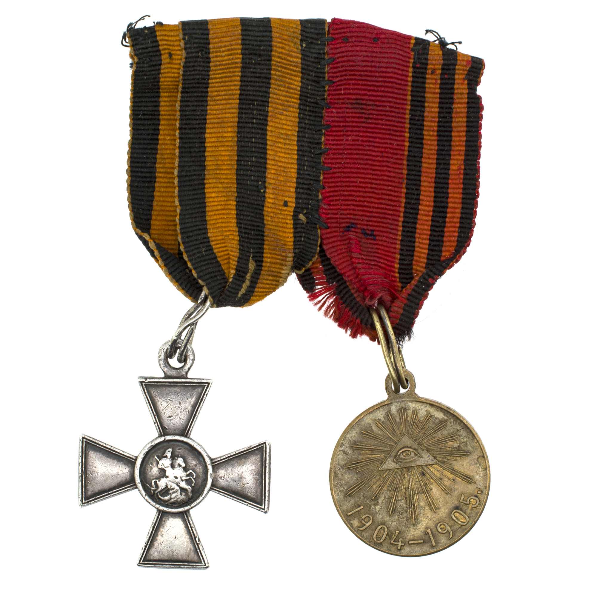 Колодка на две награды. Знак отличия Военного Ордена 4 ст. 141.790 и медаль "В память Русско - Японской войны 1904 - 1905 гг" светлая бронза.