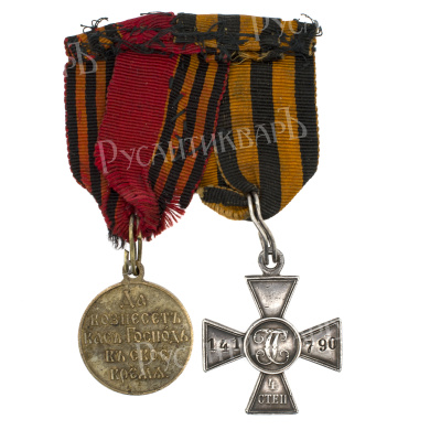 Колодка на две награды. Знак отличия Военного Ордена 4 ст. 141.790 и медаль "В память Русско - Японской войны 1904 - 1905 гг" светлая бронза.