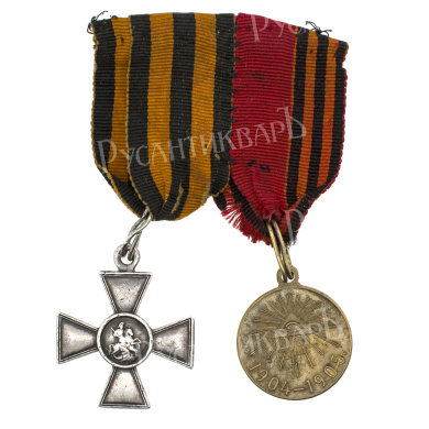 Колодка на две награды. Знак отличия Военного Ордена 4 ст. 141.790 и медаль "В память Русско - Японской войны 1904 - 1905 гг" светлая бронза.